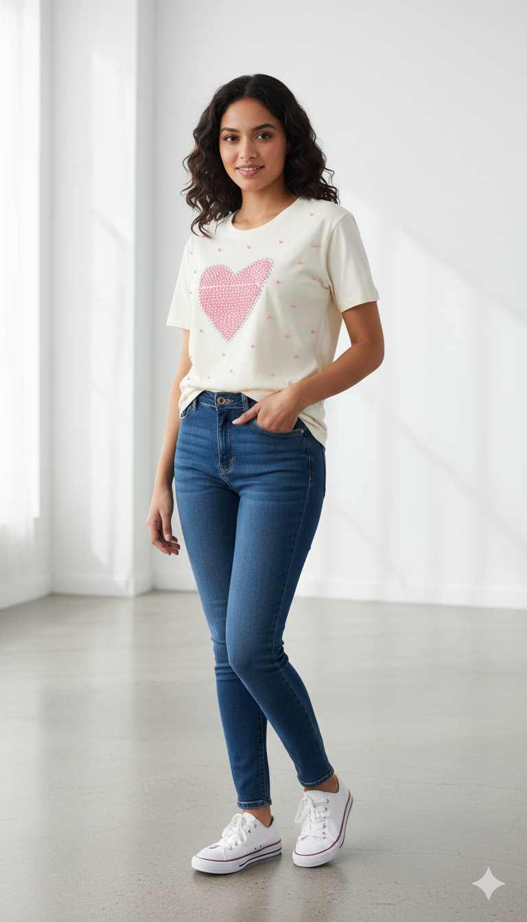 Women pearl heart tshirt top