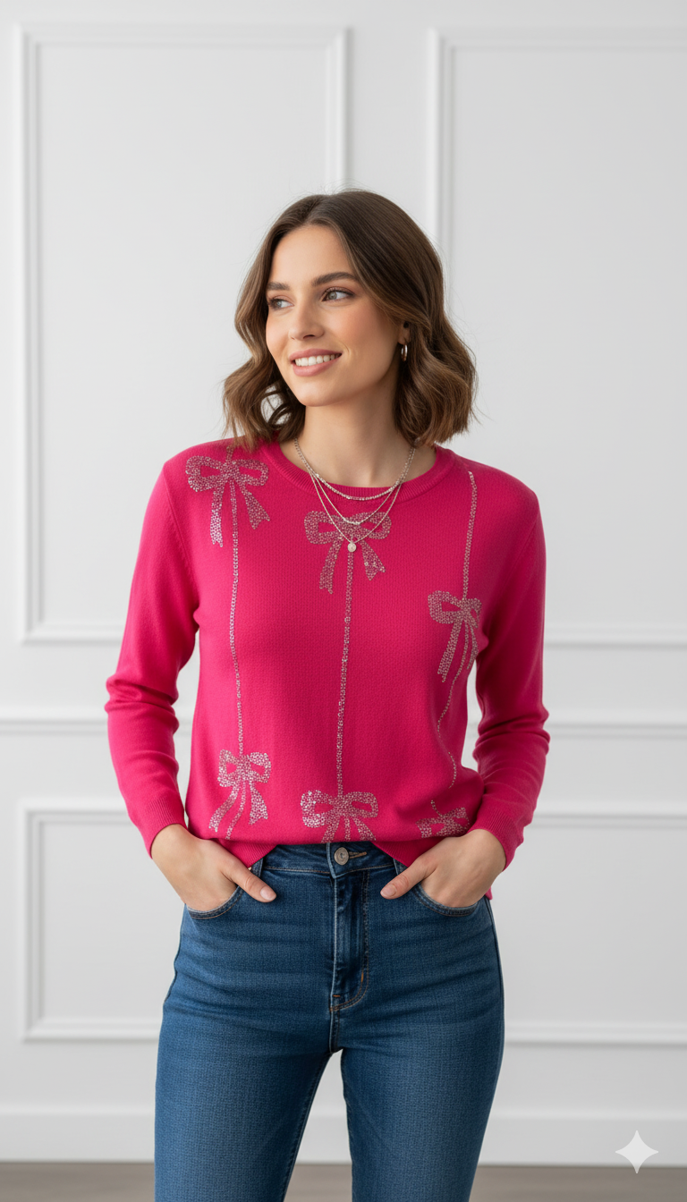 Bow Sparkle Embellished Full Sleeve Top