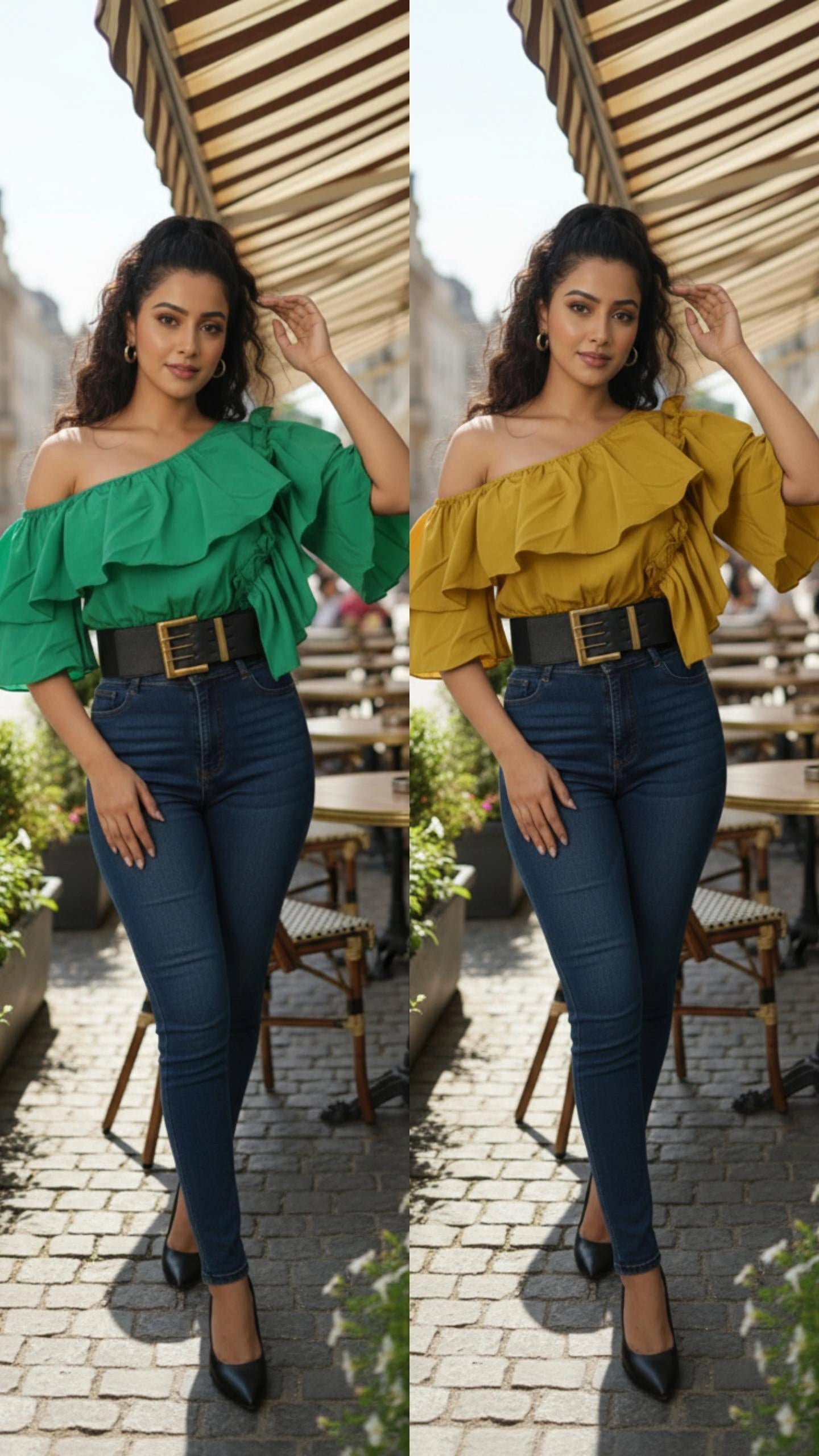 Women Puff Off Shoulder Ruffles Blouse with Belts, Women's Blouse Chic Cropped top
