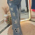 Butterfly Cut-Out Flared Denim with Stone Embellishments