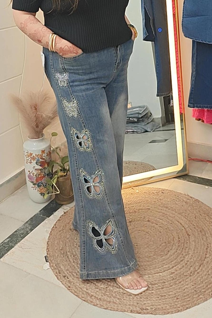 Butterfly Cut-Out Flared Denim with Stone Embellishments