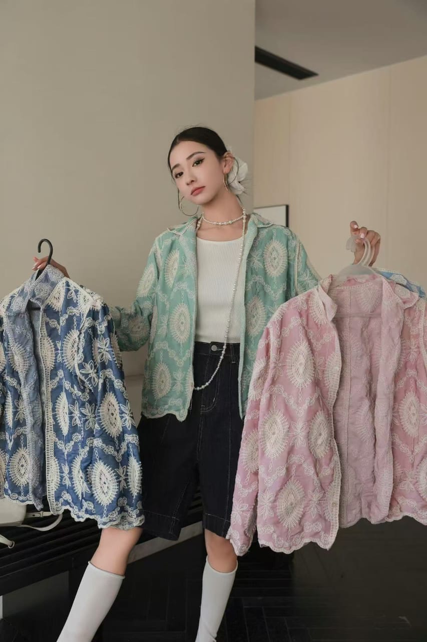 “Boho-Chic Embroidered Button-Down Shirts – Available in Blue, Mint & Blush”