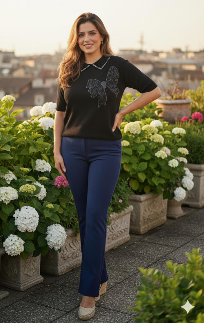 Embellished Collared Knit Top