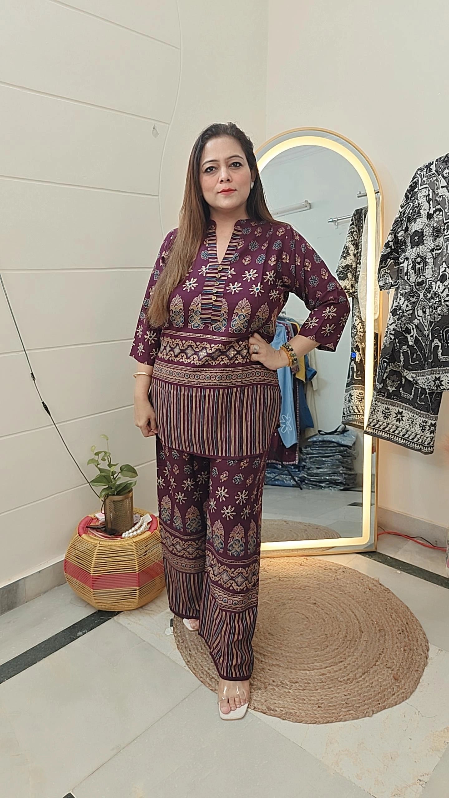 "Boho Bloom Kurta-Pant Set in Deep Wine"