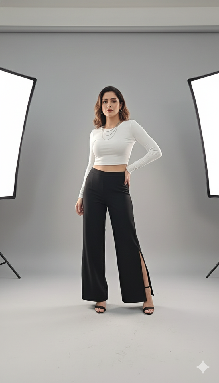 Women high waist side slit straight Pant black