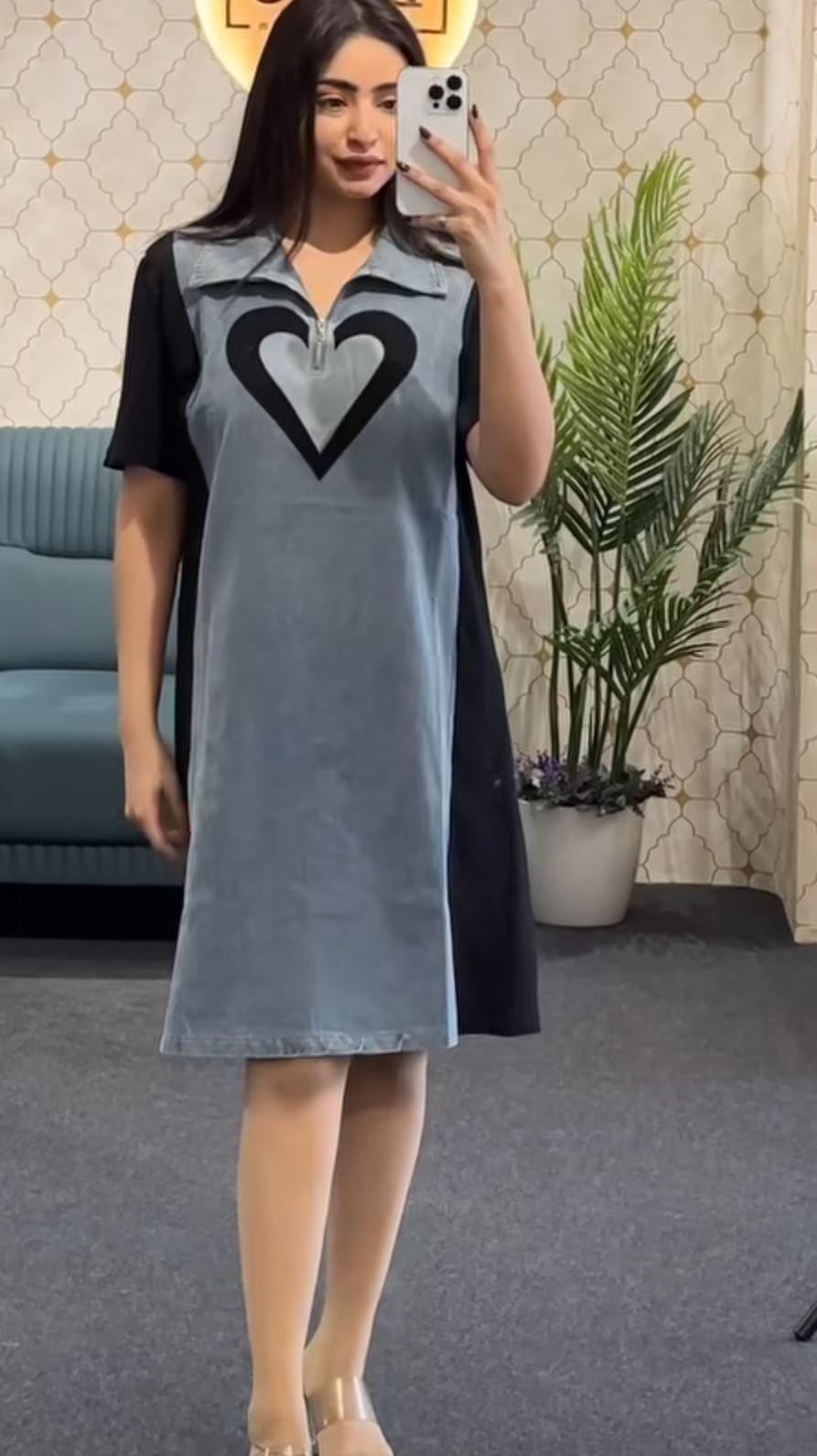 Denim Love Heart Zip Dress"