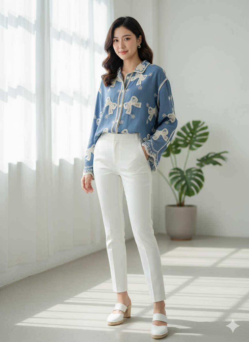 "Chic Bow Embroidered Denim Shirt"