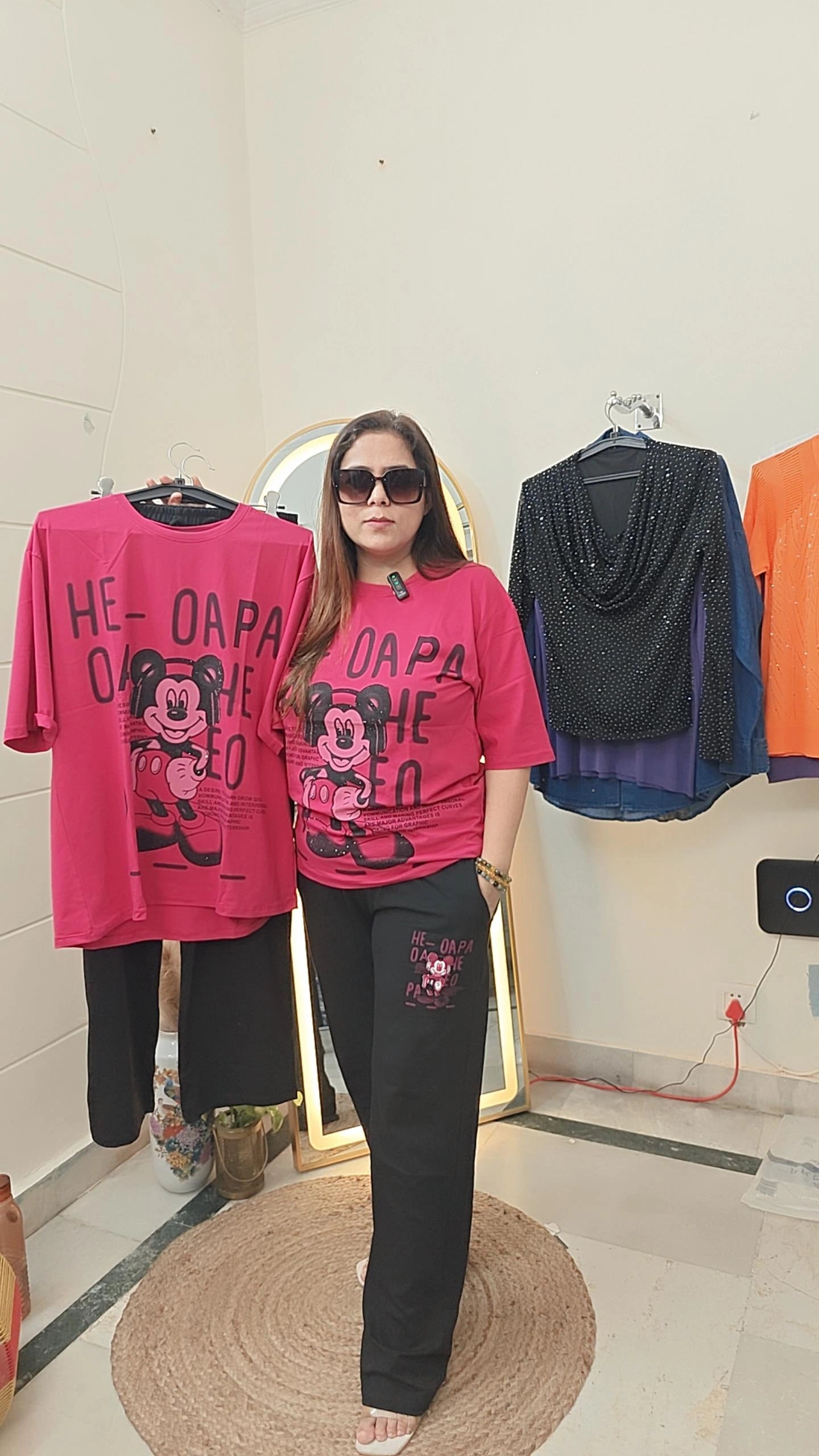 Everyday Chic: Bright Pink Mickey Top & Black Bottoms”