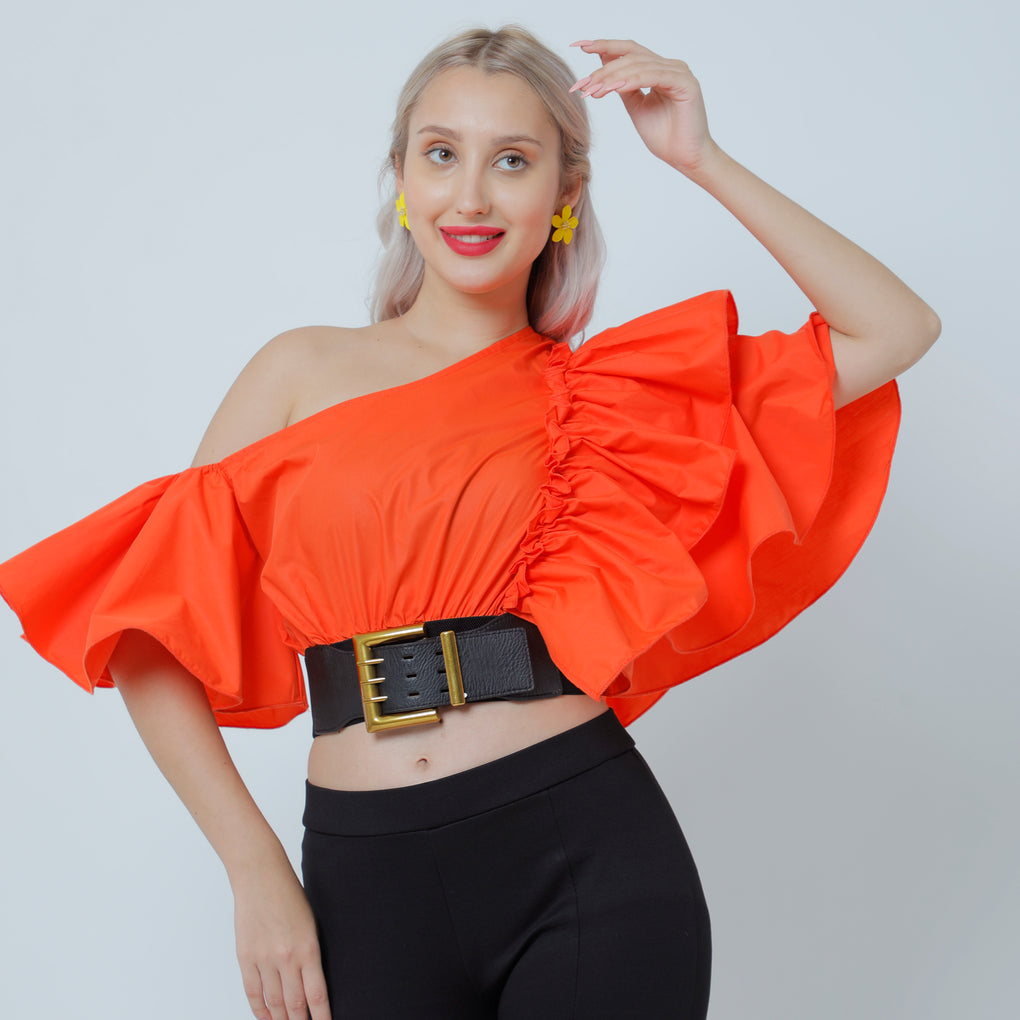 Women Puff Off Shoulder Ruffles Blouse with Belts, Women's Blouse Chic Cropped top