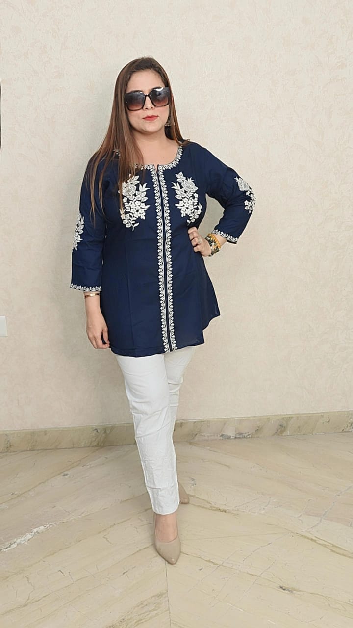 Navy Blue Floral Embroidered Kurti - Effortless Style for Every Occasion