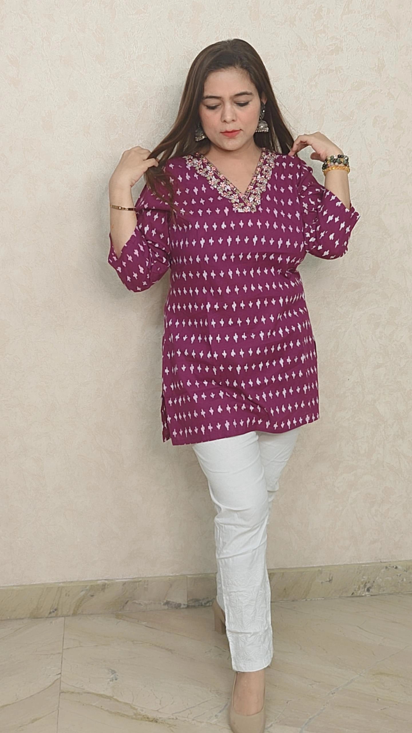 Maroon Printed Kurta with Embellished Neckline