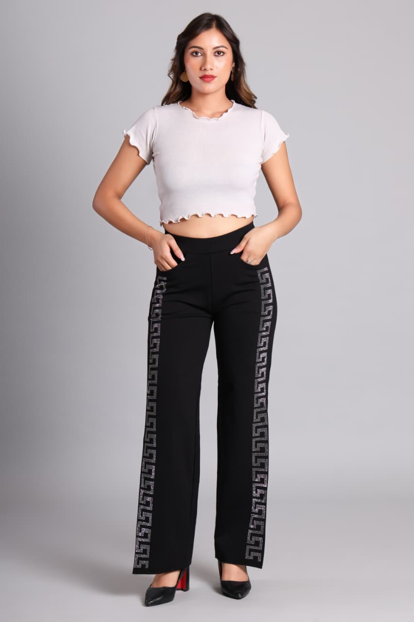 High waist square design side stone cut pant - Black