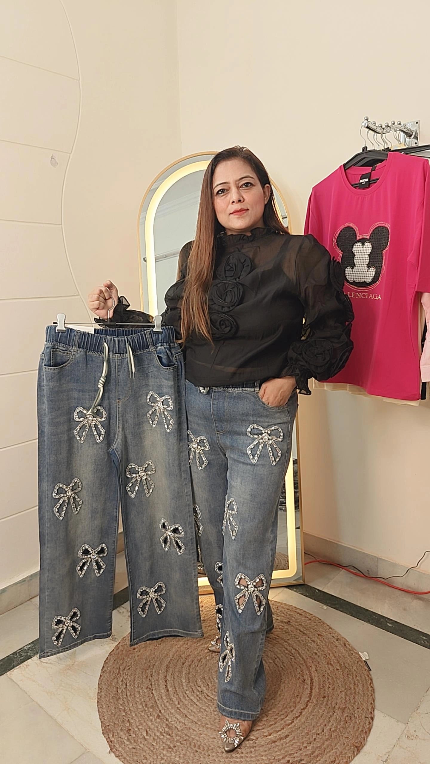 "Sequin Bow Jeans – Sparkle with Every Step ✨