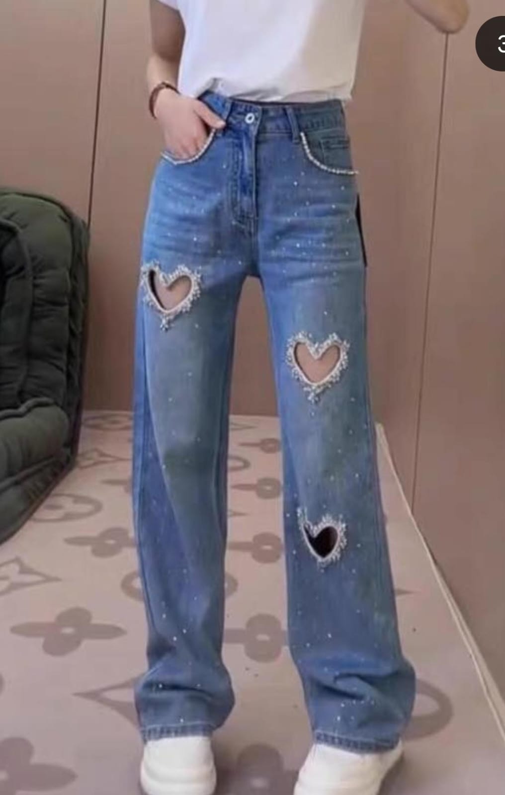 "Heart Cutout Distressed Denim"