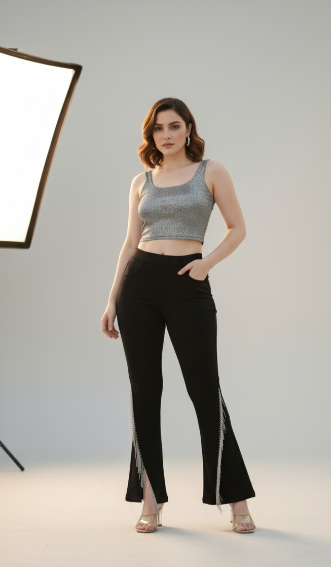 Black Flared Pants with Rhinestone Fringe