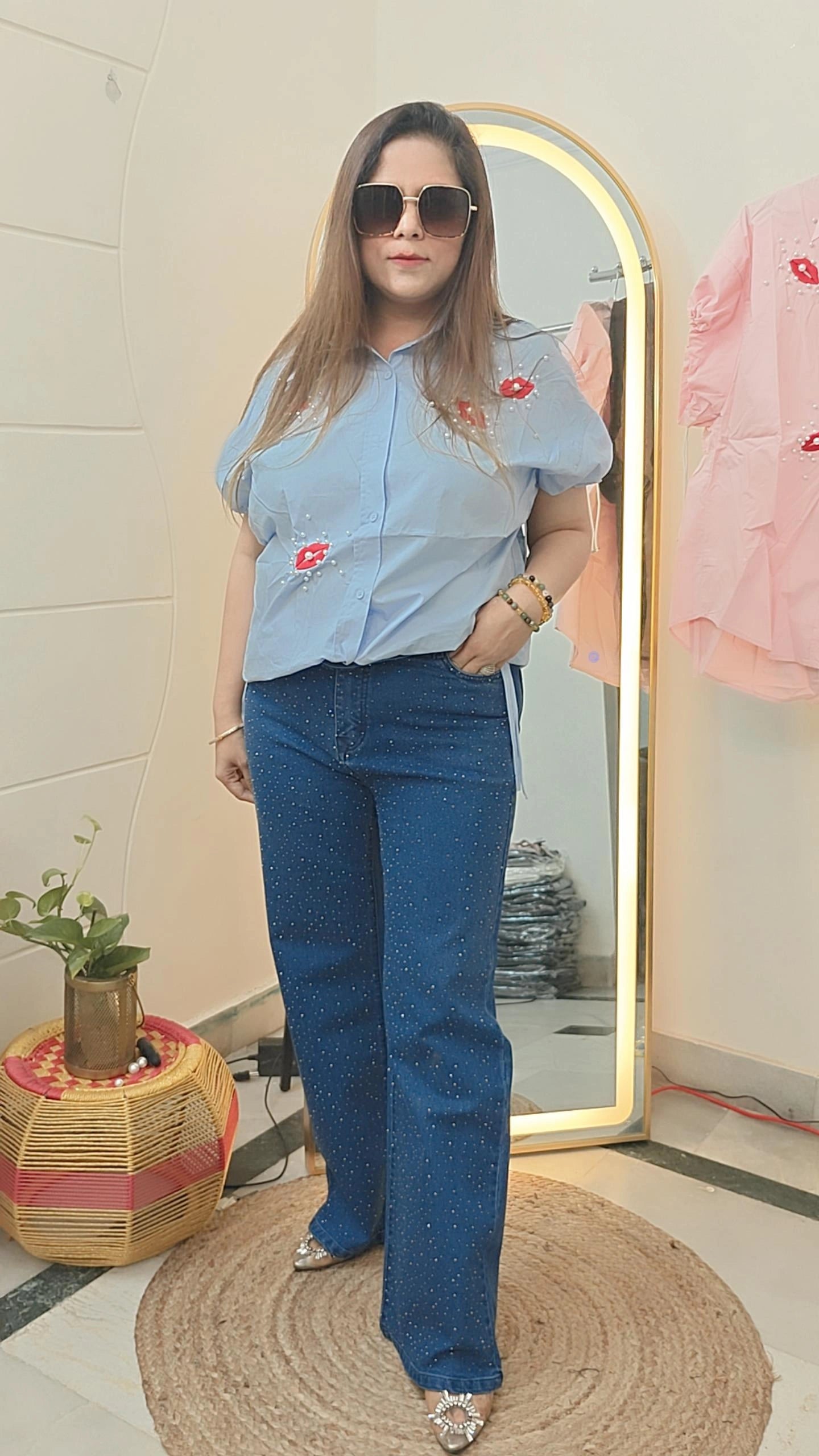 Lipstick Love Button Down shirt blue and pink