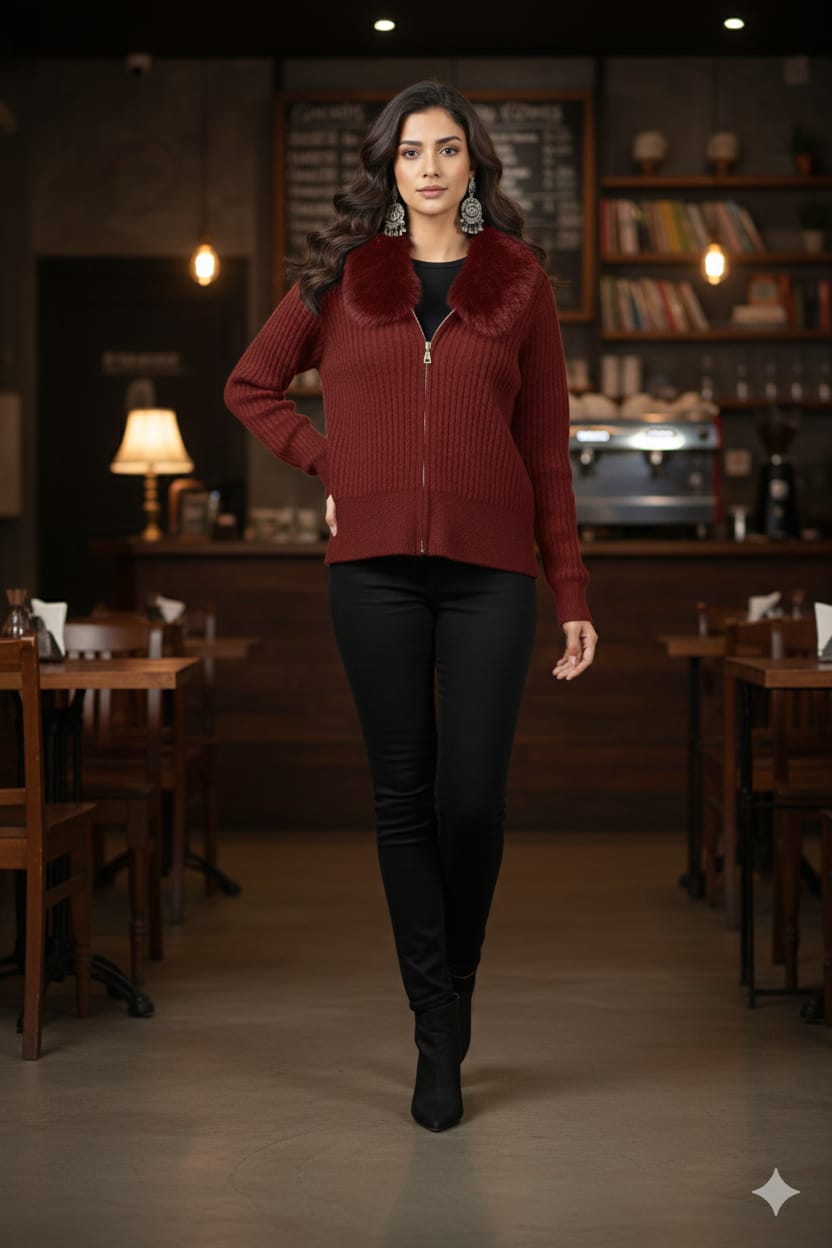 Rib Fur Collar Zipper Cardigan