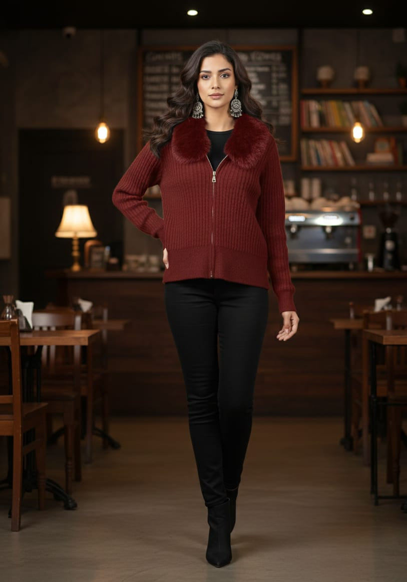Rib Fur Collar Zipper Cardigan