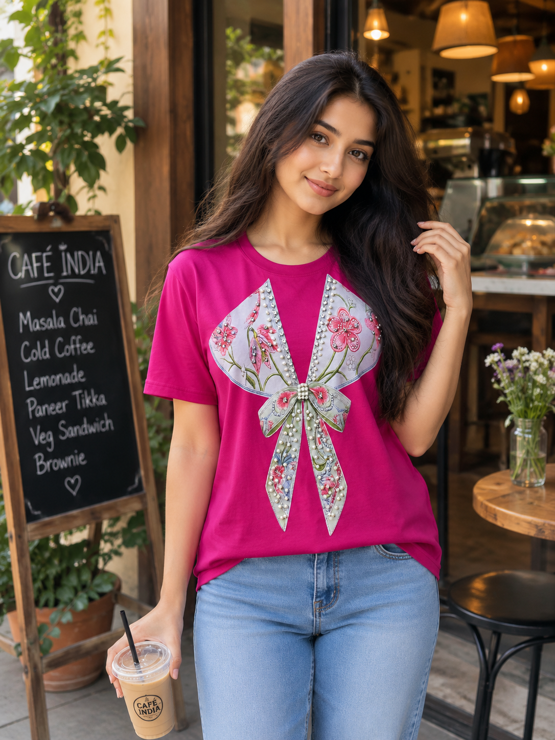 floral bow pearl statement top