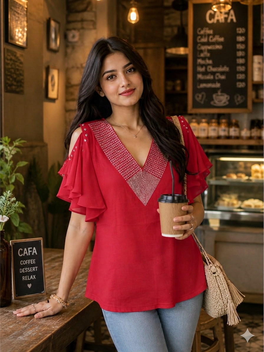V-Neck Flutter Sleeve Blouse with Rhinestone Detail top
