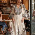 Bohemian Paisley V-Neck Midi Dress with Balloon Sleeves