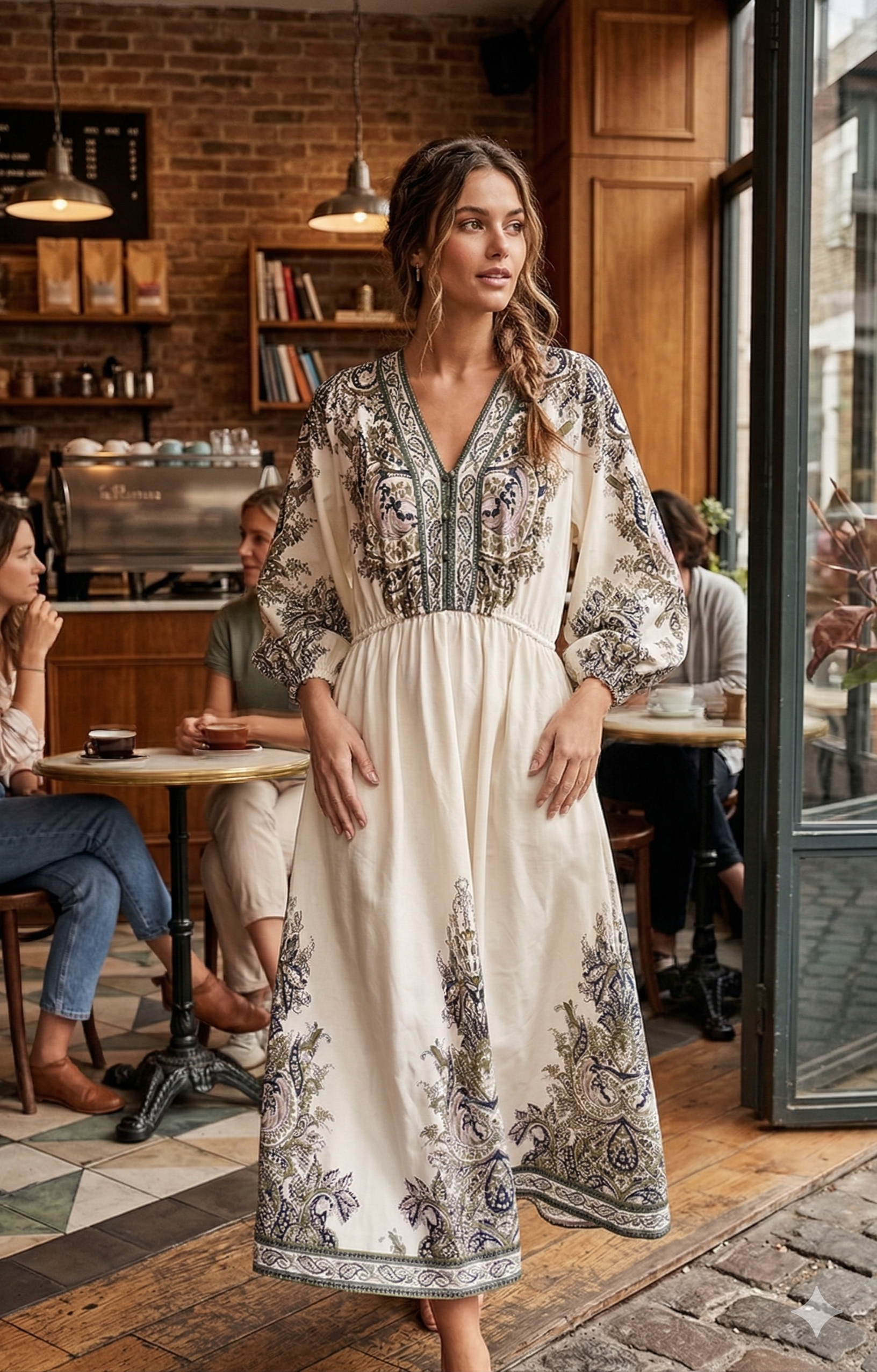 Bohemian Paisley V-Neck Midi Dress with Balloon Sleeves