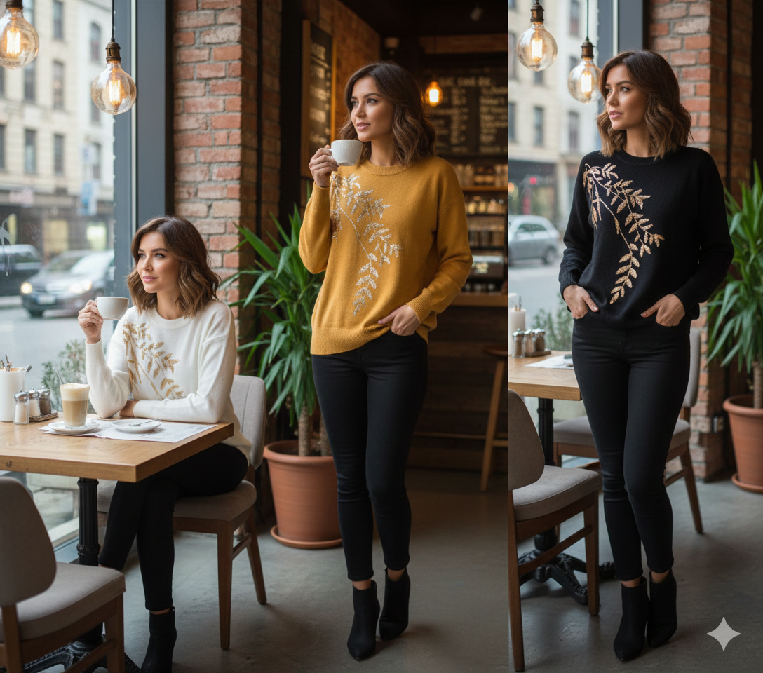 Elegant Sequence Leaf Embroidery Sweater Top