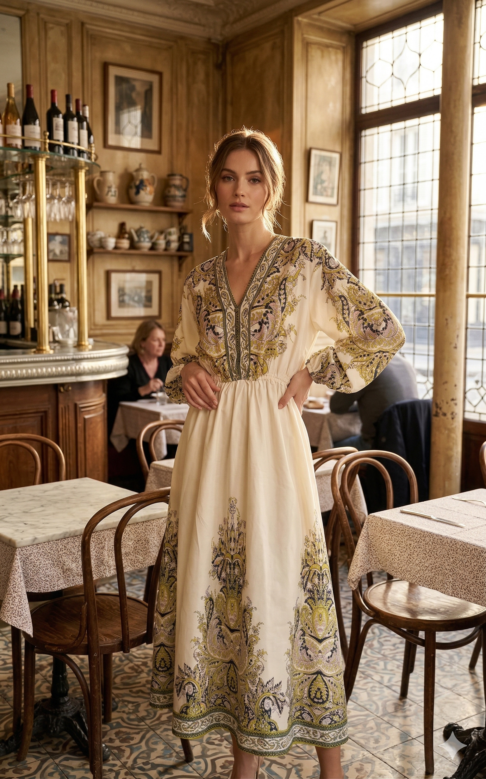 Bohemian Paisley V-Neck Midi Dress with Balloon Sleeves