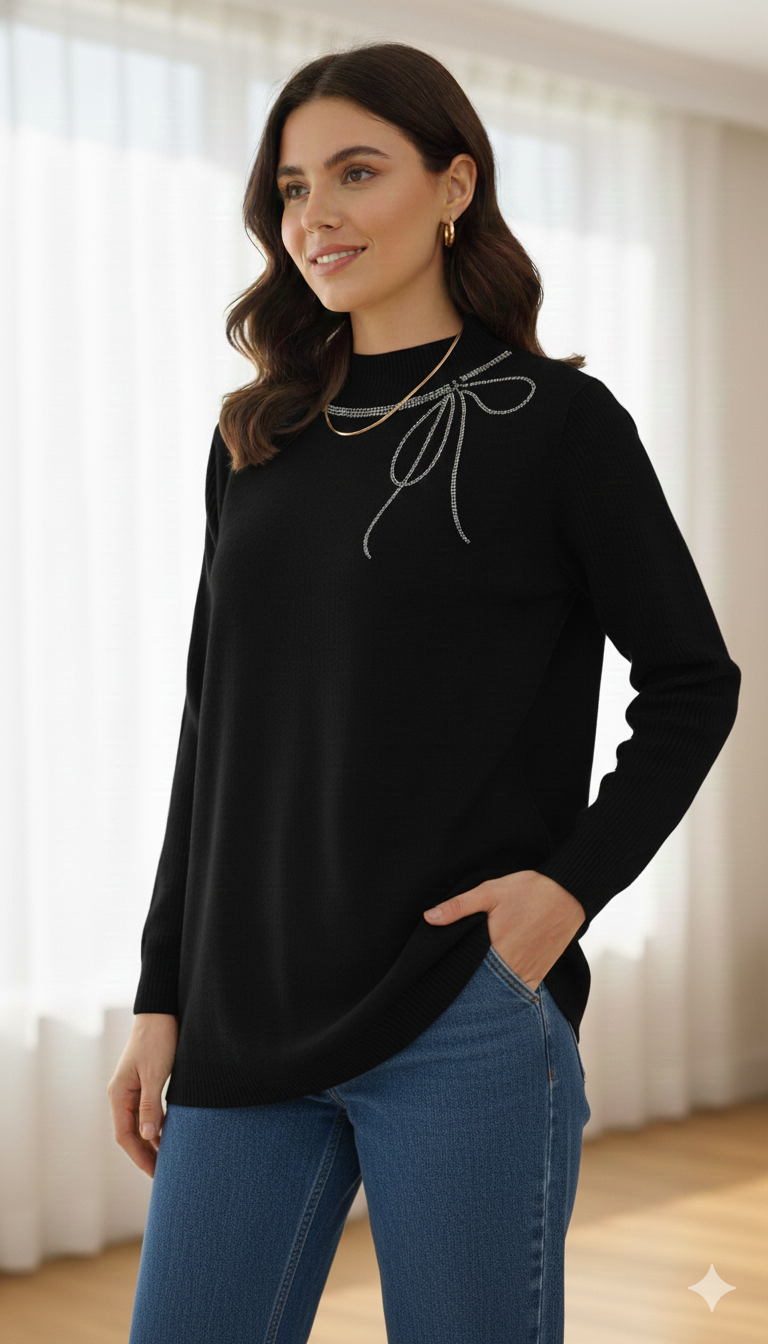 Crystal Bow Cozy long sweater Top