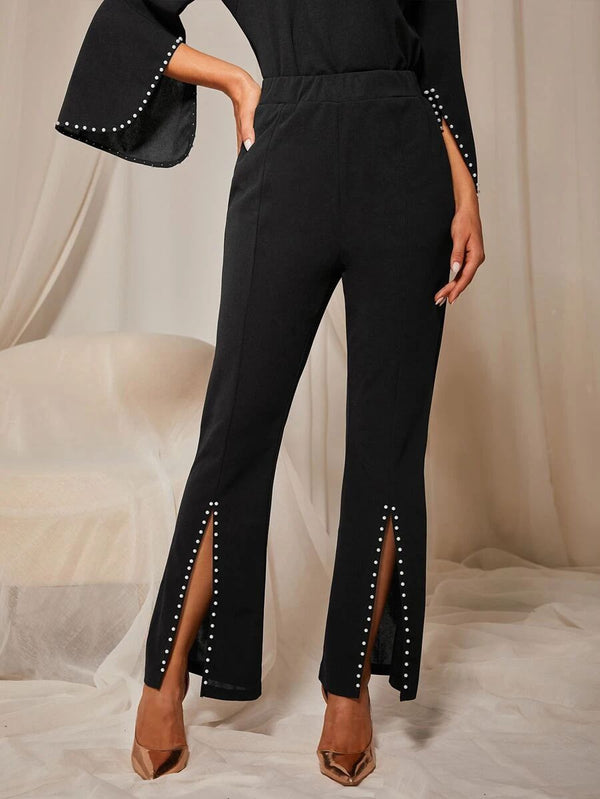 Modely Pearls Beaded Split Hem Flare Leg Pants - Black