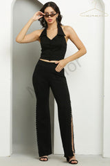 "Bold & Edgy: Black Slit Pants with Chain Detailing – The Ultimate Statement Look"