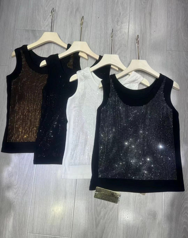 RHINESTONE BLING SANDO TOP - BLACK/WHITE/GOLD/SILVER