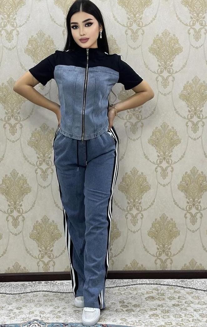 "Denim & Sportswear Fusion Coord Set – Trendy & Chic Casual Wear"