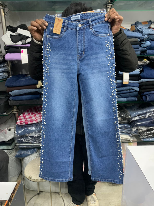 Wide leg pearl embellished elegant denim