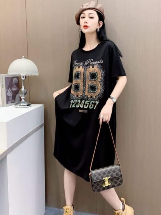 Black Oversized Graphic T-Shirt Dress with Rhinestone Detailing"