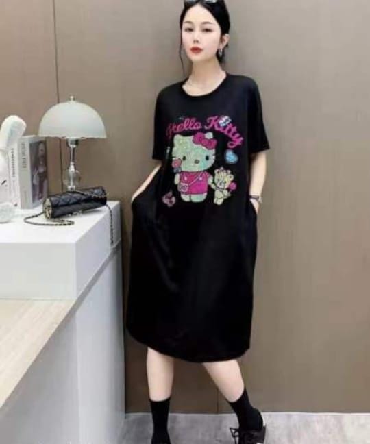 Black Oversized Graphic T-Shirt Dress with Rhinestone Detailing"
