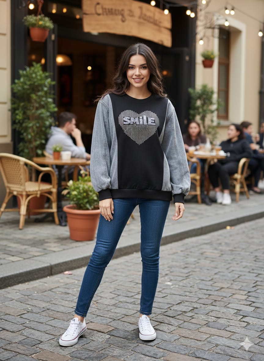 Stitched Denim Sleeve 'SMILE' Heart Sweatshirt