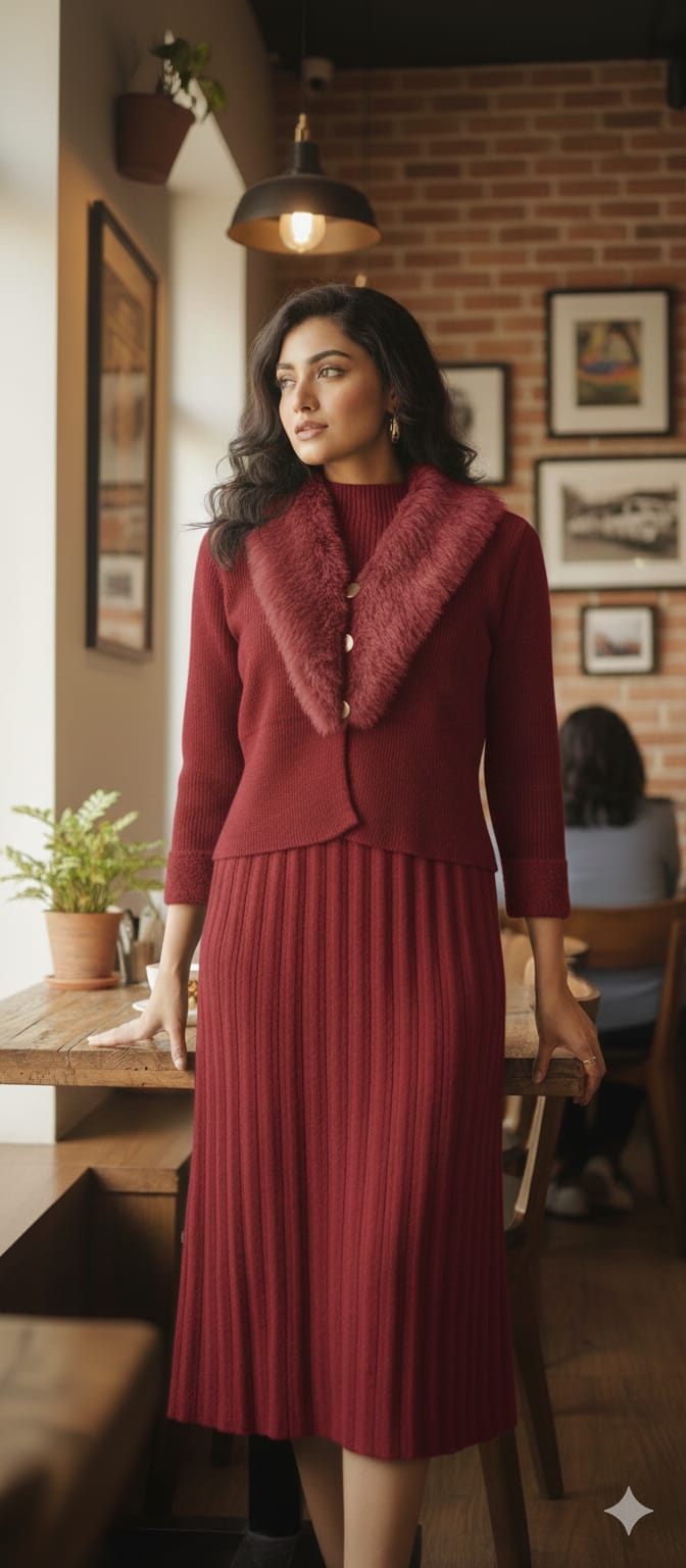 Classic  Knitted Dress with Faux Fur Collar Shrug