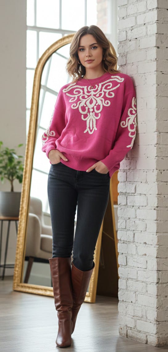 Classic Knit Top with Ivory Embroidery