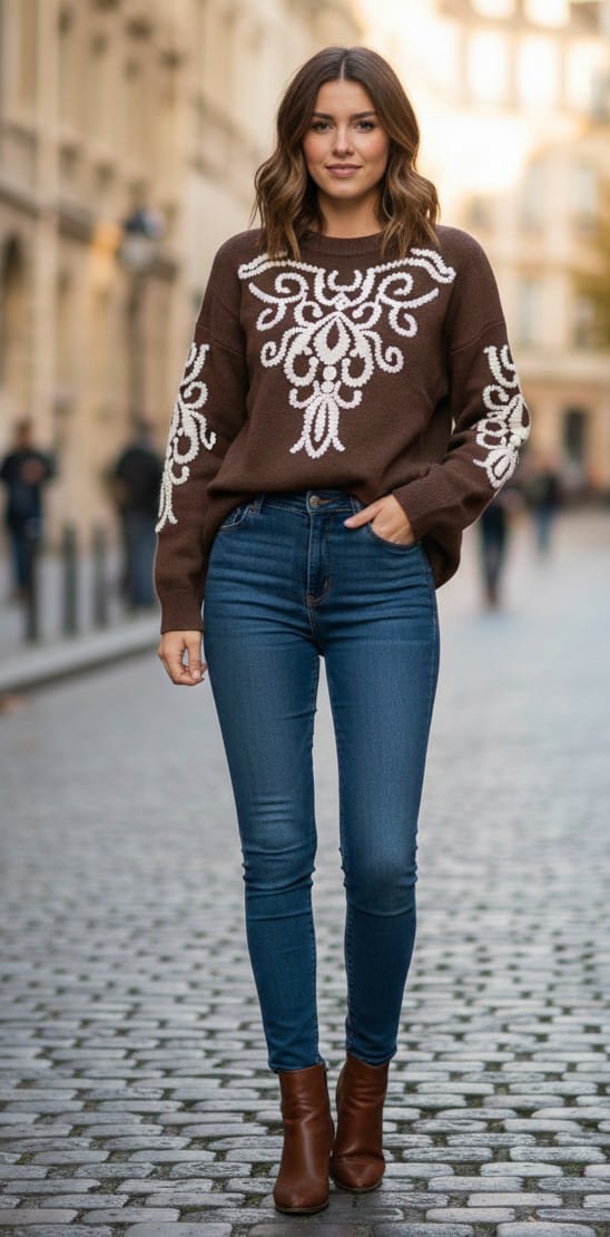 Classic Knit Top with Ivory Embroidery
