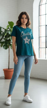 "White Embellished Star T-Shirt with Cursive Graphic"