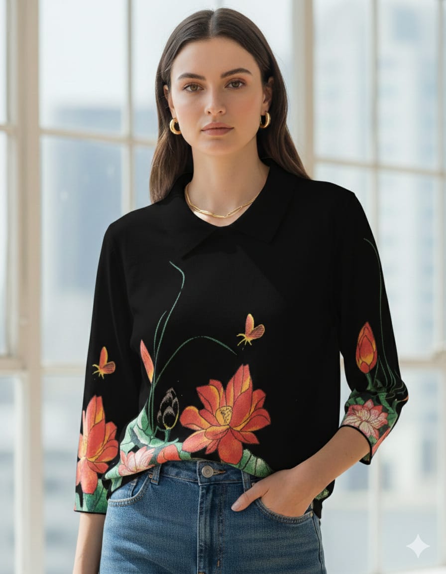 Lotus & Butterfly Embroidered-Style knit Collared top