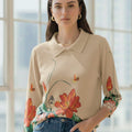Lotus & Butterfly Embroidered-Style knit Collared top