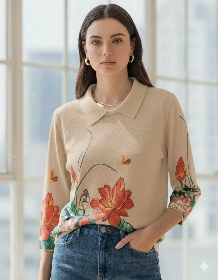Lotus & Butterfly Embroidered-Style knit Collared top