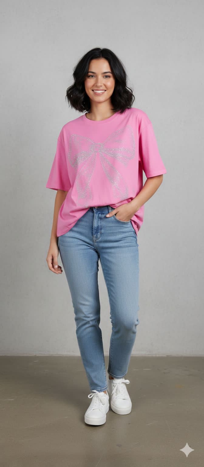 Rhinestone Bow Oversized Graphic Tee