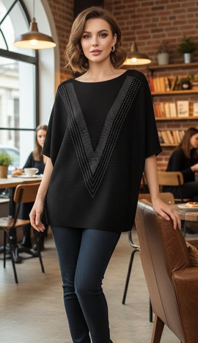 Textured Ribbed Blouse with Shimmering V-Pattern top