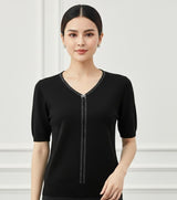 V-Neck Knit Top with Rhinestone Trim & Bow Detail