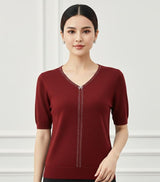 V-Neck Knit Top with Rhinestone Trim & Bow Detail