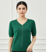 V-Neck Knit Top with Rhinestone Trim & Bow Detail