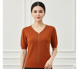 V-Neck Knit Top with Rhinestone Trim & Bow Detail